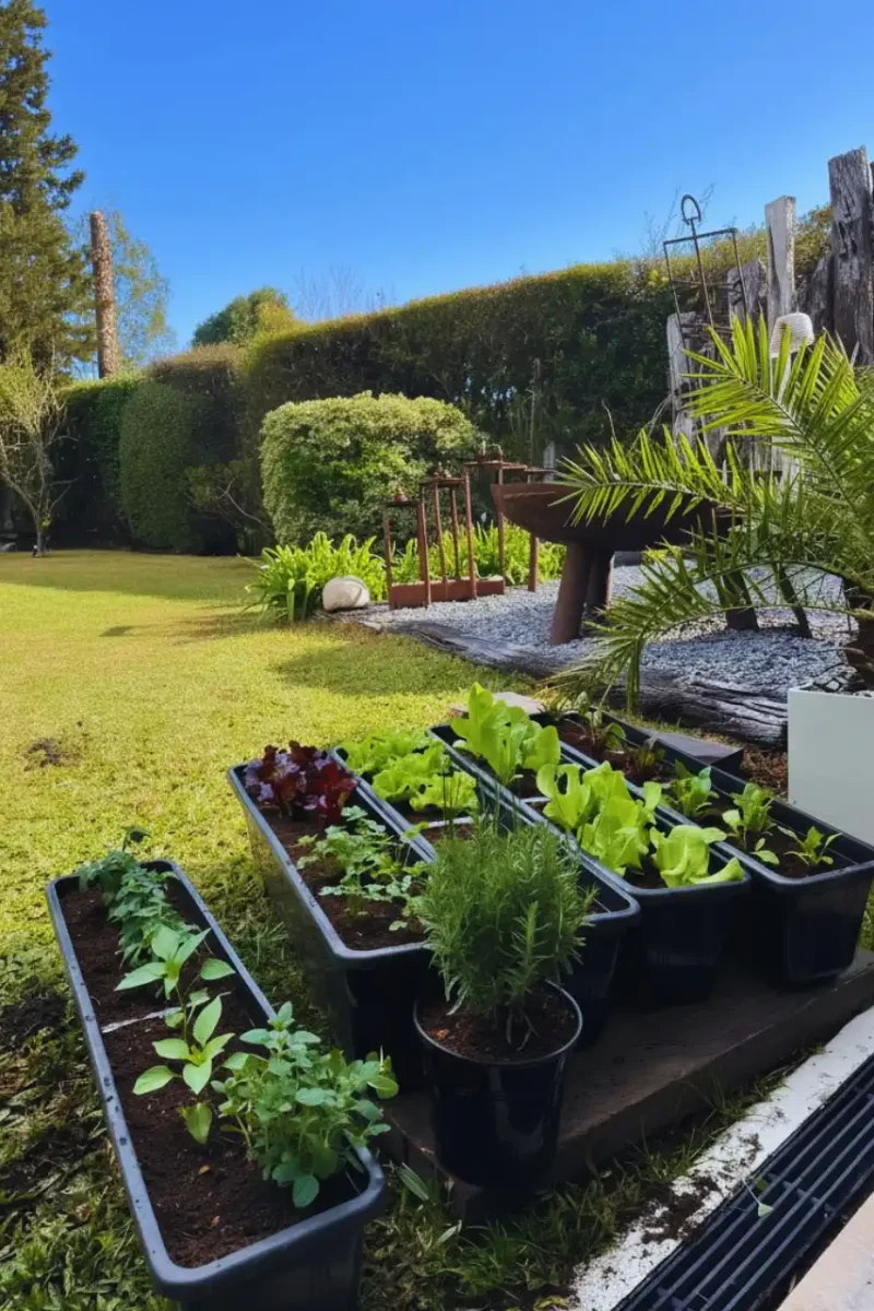 Armado de huerta urbana con plantas aromáticas y hortalizas en maceteros para diseño de jardín.